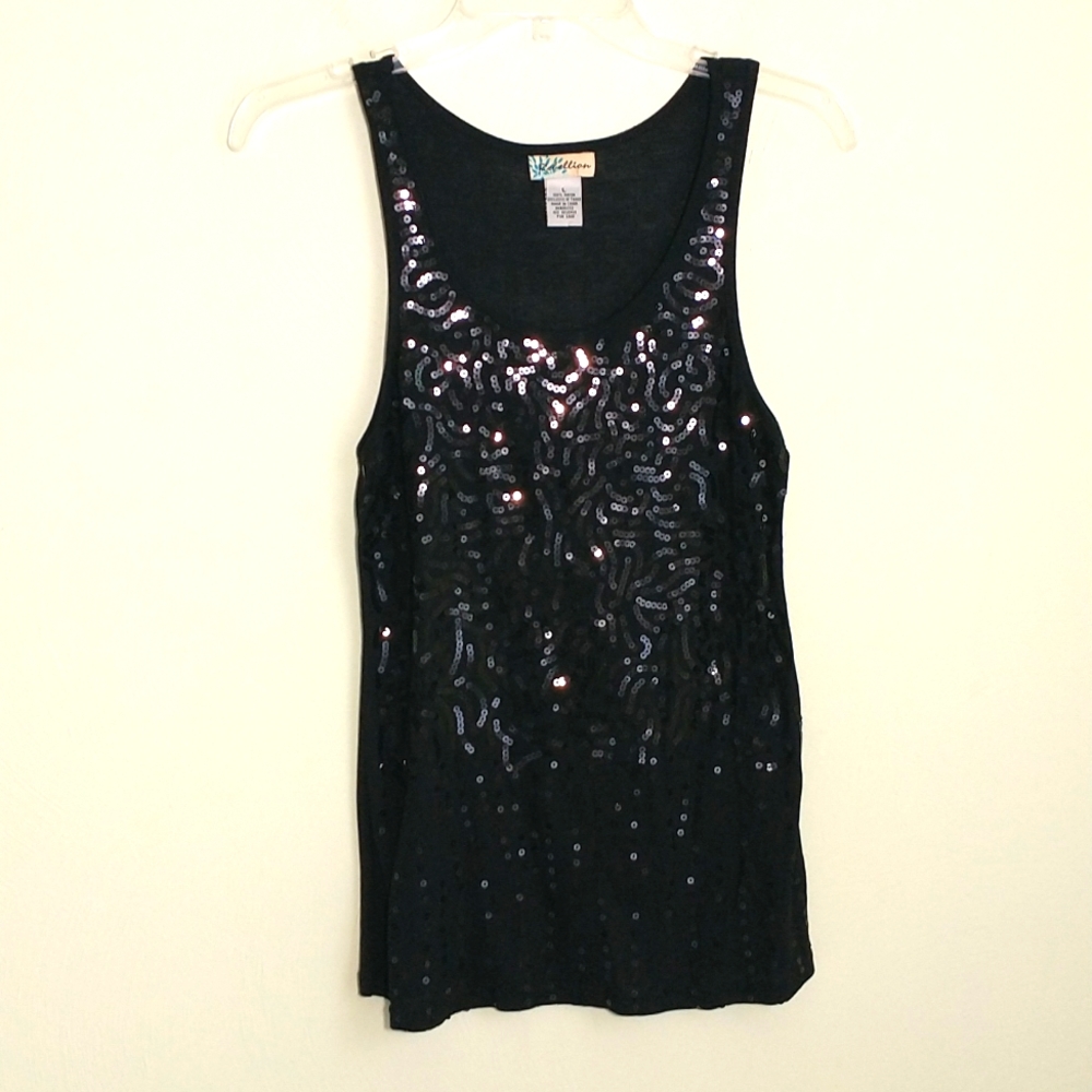 Rebellion Shimmy Sequin Front Tank Top Wmn's Sz L Black Stretch Knit Scoop Neck - Picture 5 of 11